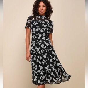 Lulu’s Floral Dressed Up Black Floral Print Midi Dress - Large
